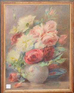 Blanche Odin (FRENCH, 1865-1957) Watercolor bouquet of: Blanche Odin (FRENCH, 1865-1957) Watercolor bouquet of roses in vase, 22" x 15"