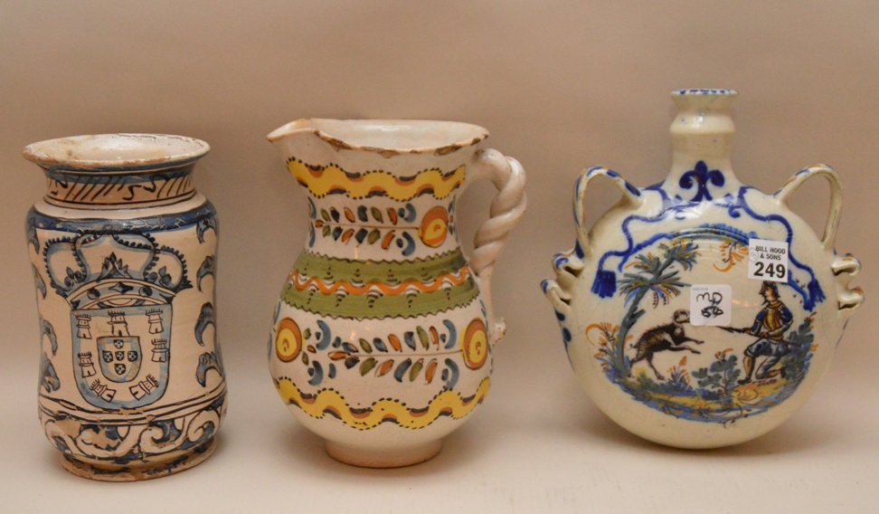 (3) Delft vessels, incl; moon flask, pitcher, jar or (1 of 4)