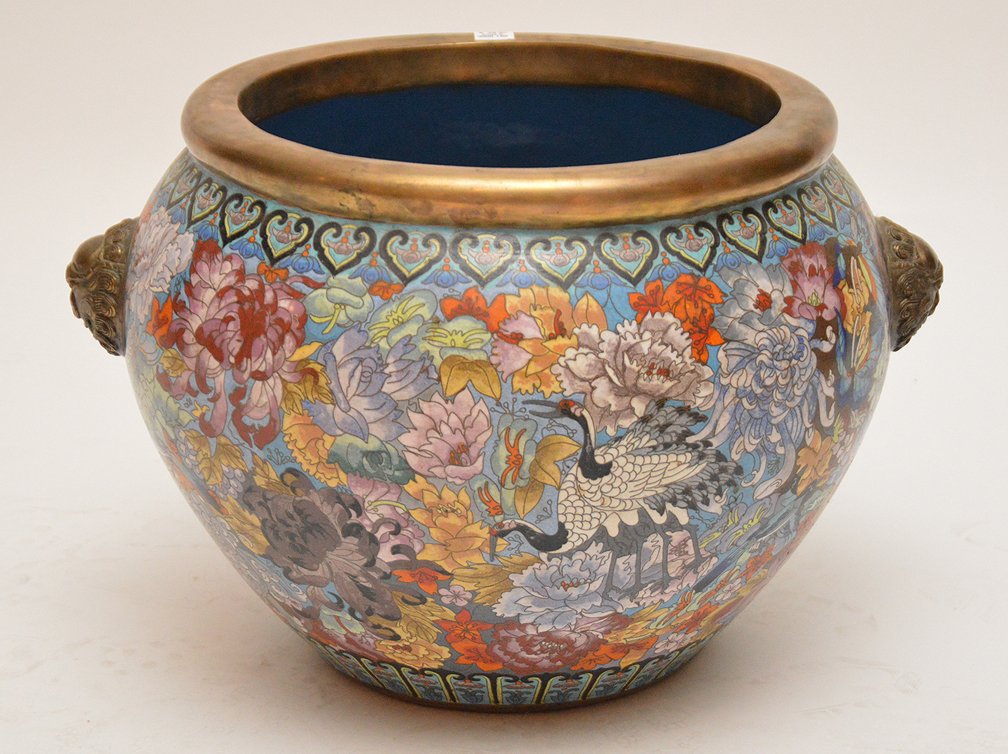 Intricate detailed cloisonnÃ© jardiniÃ¨re on stand, (1 of 6)