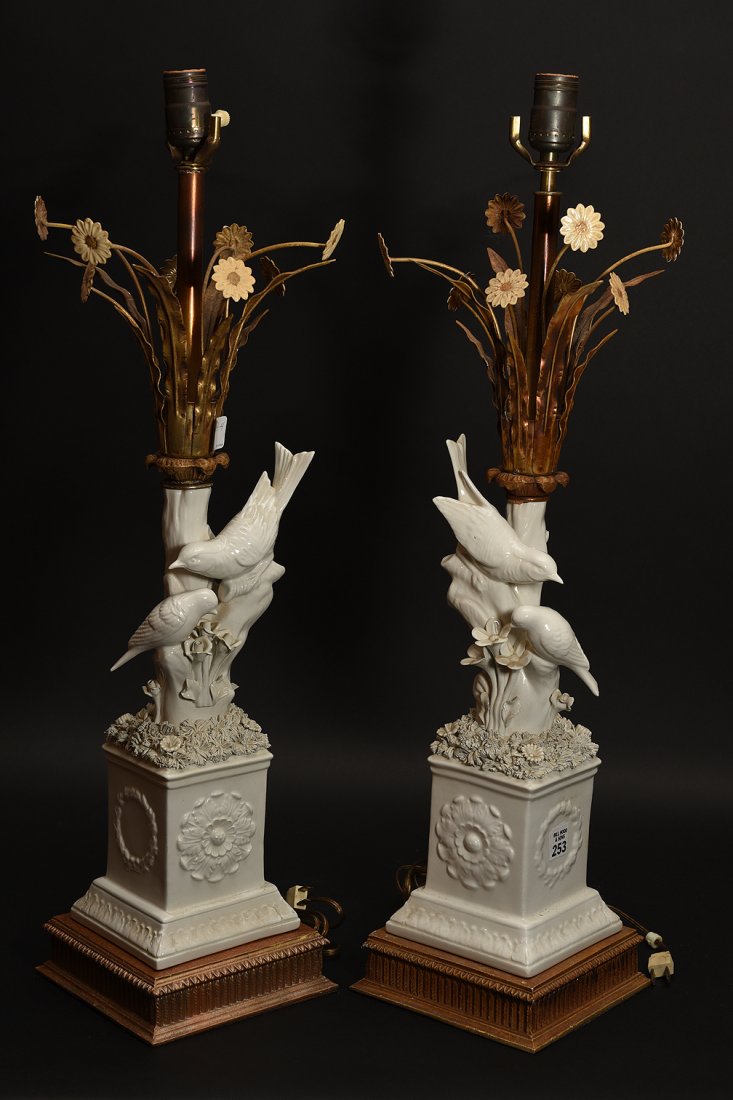 Pair white porcelain and metal lamps, birds on (1 of 6)