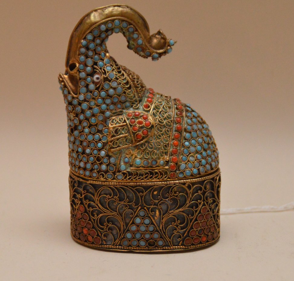 Jeweled Coral, Turquoise and Brass Elephant Box. 4"d (1 of 4)