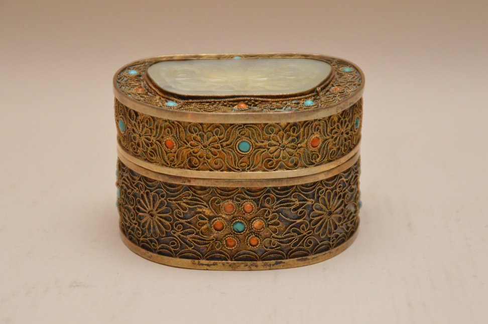 Jeweled Coral, Turquoise and Brass Box with Jade Top. (1 of 3)