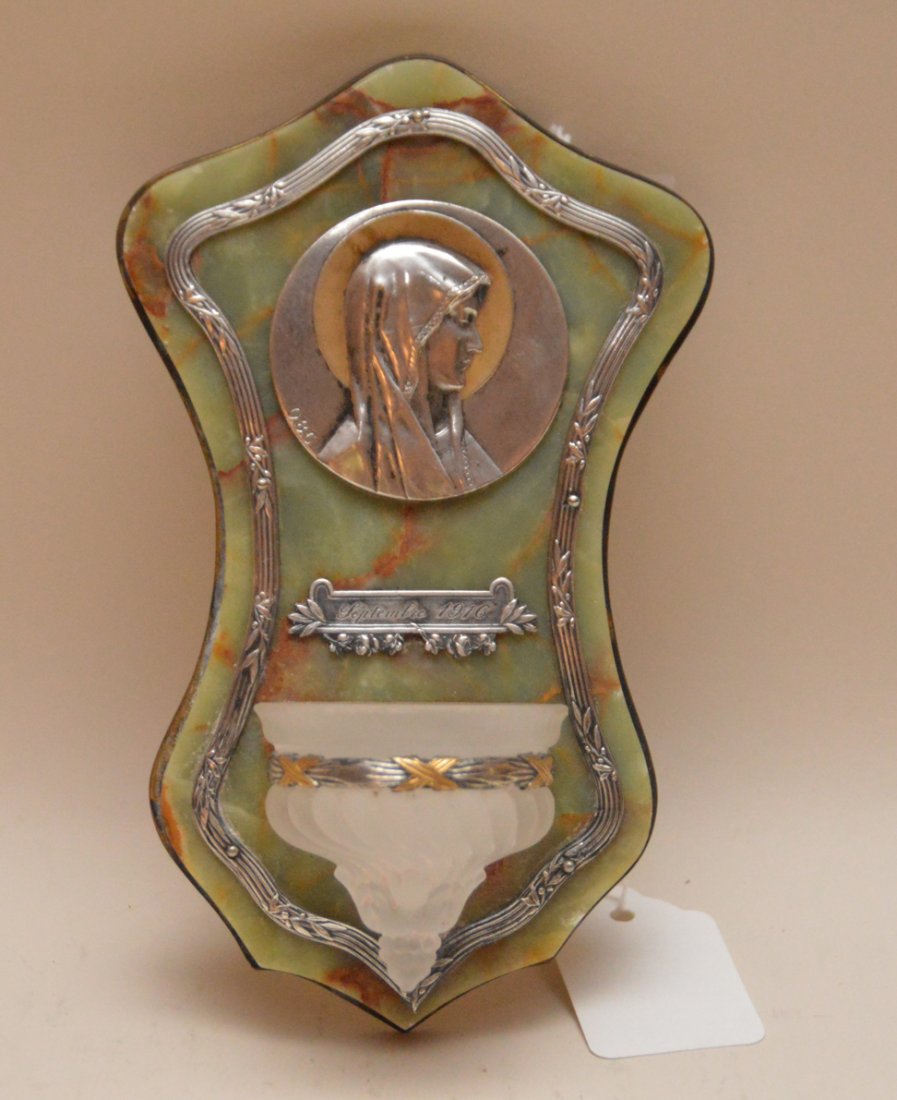 Antique Onyx, Silver, Gilt Bronze and frosted glass: Antique Onyx, Silver, Gilt Bronze and frosted glass receptacle, Signed O.B.C. and dated September 1916. 6" ht
