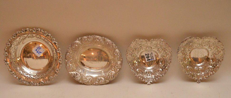 4 sterling pieces, 2 reticulated heart dishes, monogram (1 of 4)