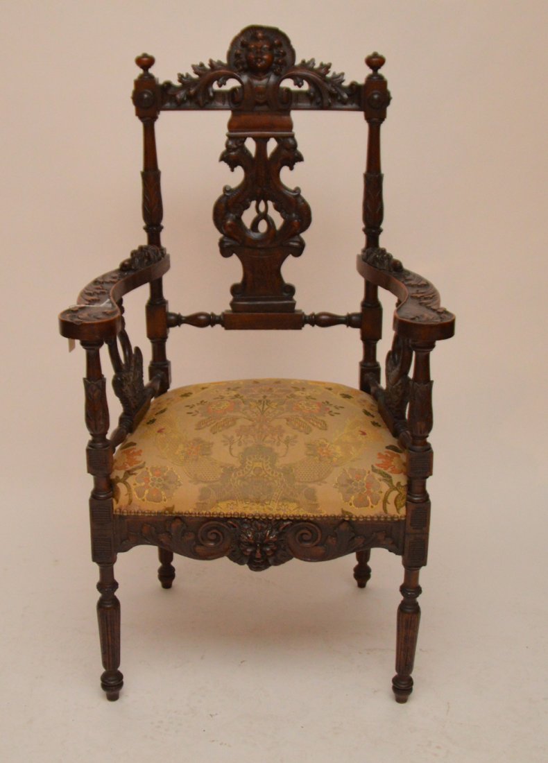 19th c. carved figural arm chair, each arm figural (1 of 8)