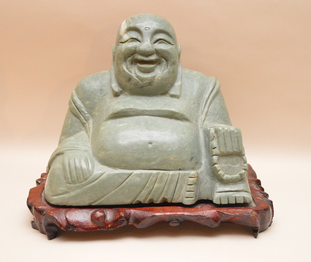 Green jade type stone laughing buddha on conforming (1 of 5)