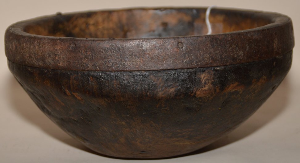 Continental burled wood bowl with old iron rim (1 of 5)