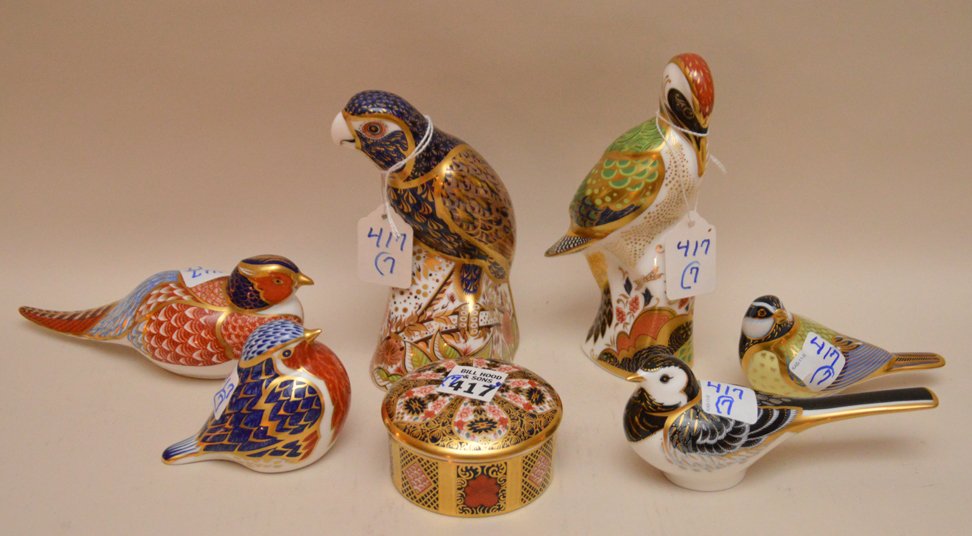 Royal Crown Derby, parrot (6"h), woodpecker (2 1/2"h), (1 of 9)