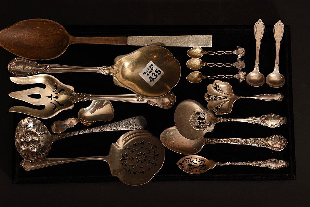 Lot of 15 assorted sterling flatware serving pieces, (1 of 3)