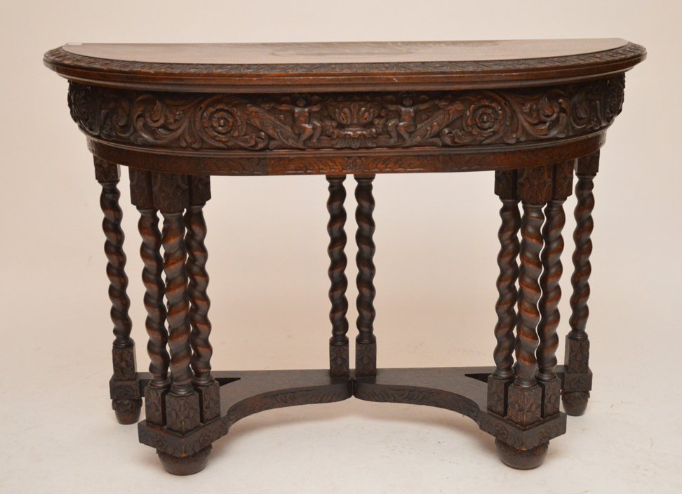 Oak console with carved frieze on barley twist supports (1 of 5)