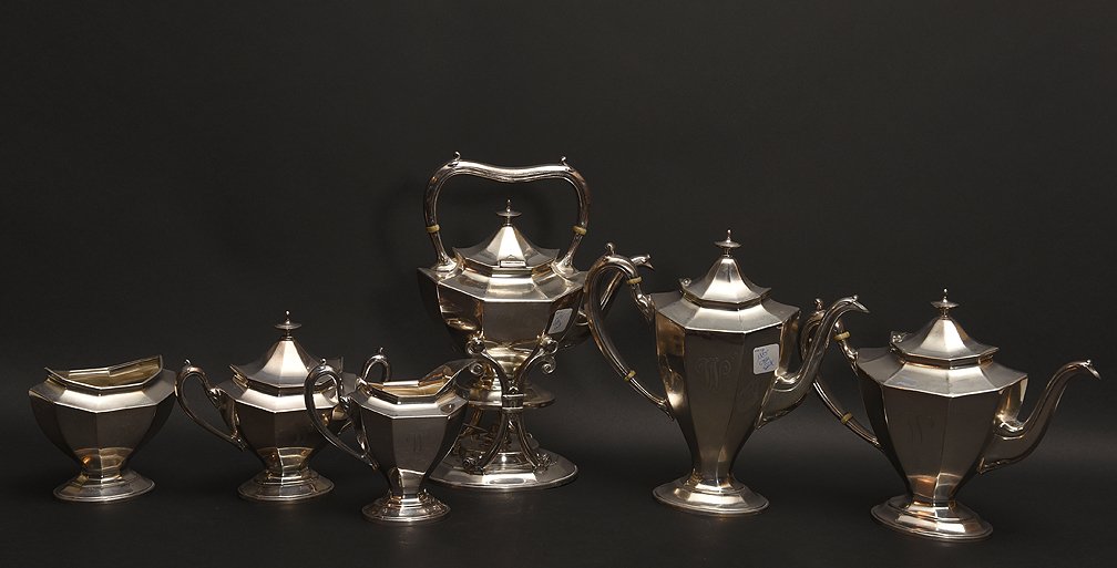 6 Piece Reed & Barton Tea Service.  Kettle on Stand Ht. (1 of 10)