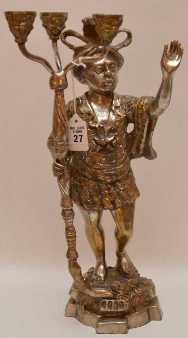 Silvered Bronze Blackamoor Holding 3 Light Candelabra.: Silvered Bronze Blackamoor Holding 3 Light Candelabra. Ht. 16"