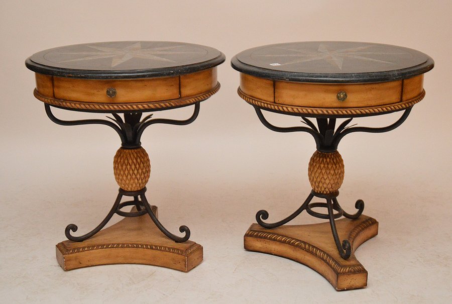 Pair stone inlay round end tables, single drawer on (1 of 4)