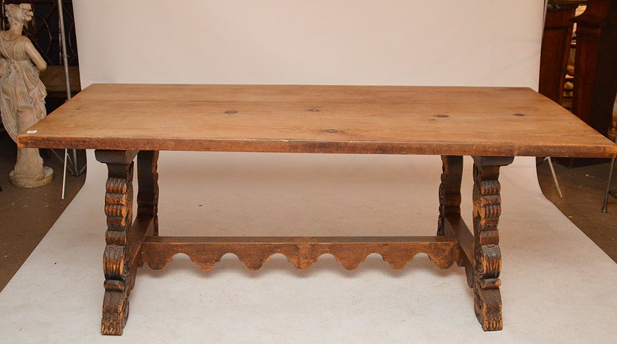 19th c. Spanish Colonial carved trestle table with 6 (1 of 9)