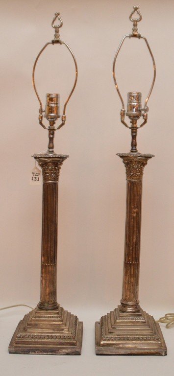 Pair Silver Plated Column Form Lamps.  Ht. 18 1/2" (1 of 5)