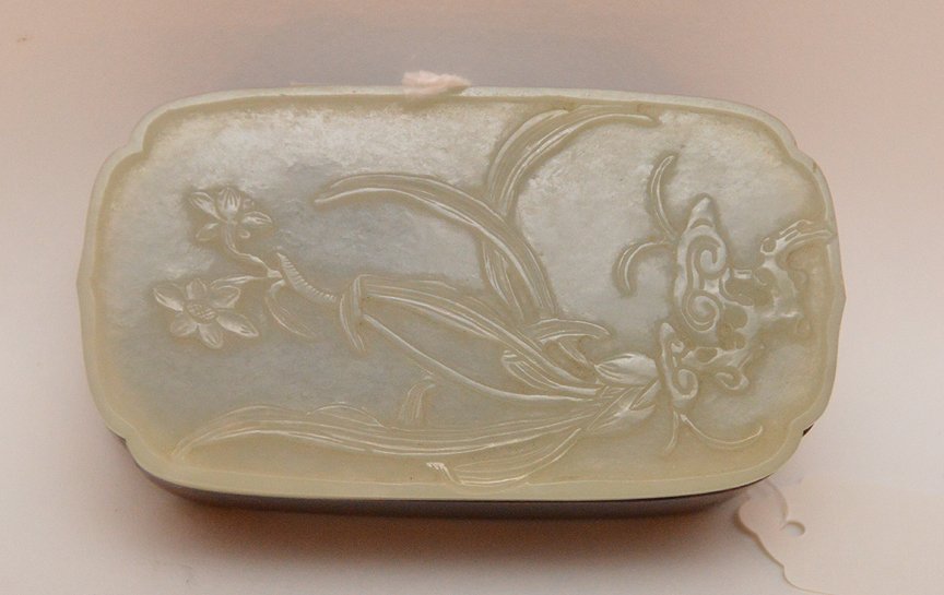 Chinese Wood Box With Carved Jade Top.  Ht. 1 5/8" W. 4 (1 of 2)