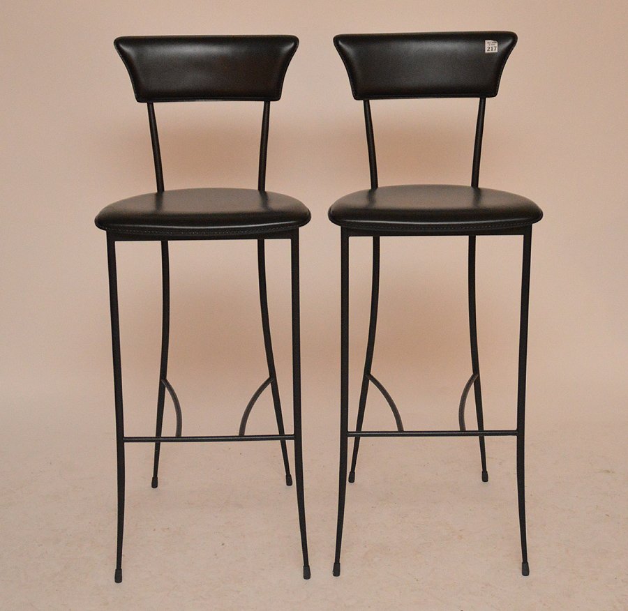 Pair black leather bar stools, marked Arprer, Made in (1 of 2)
