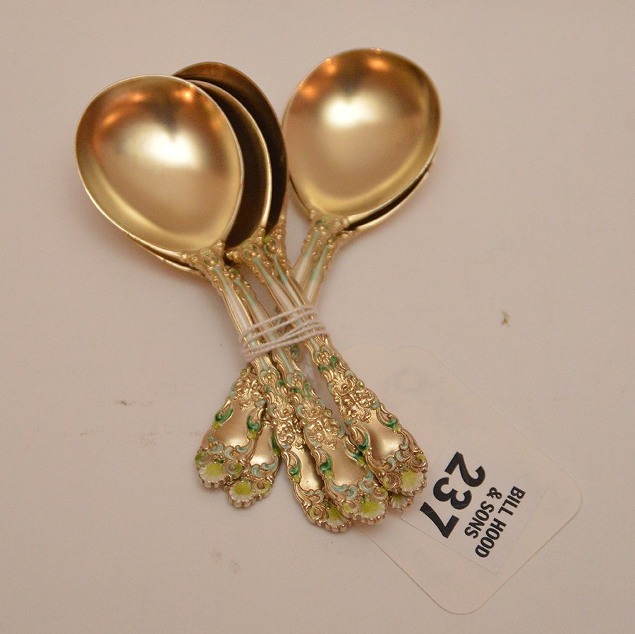 6 "Renaissance" enameled spoons with gold wash, 4ozt: 6 "Renaissance" enameled spoons with gold wash, 4ozt
