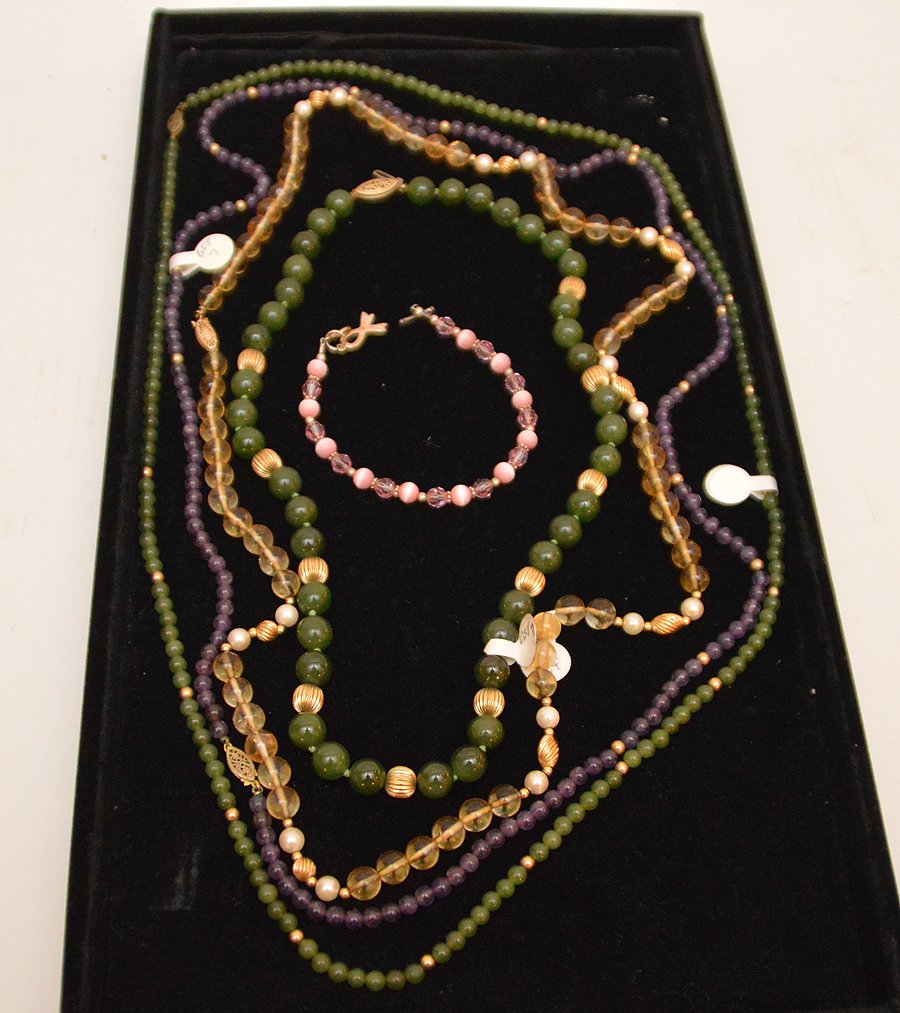 4 assorted necklaces, 2 jade AND 1 pink beaded bracelet (1 of 3)