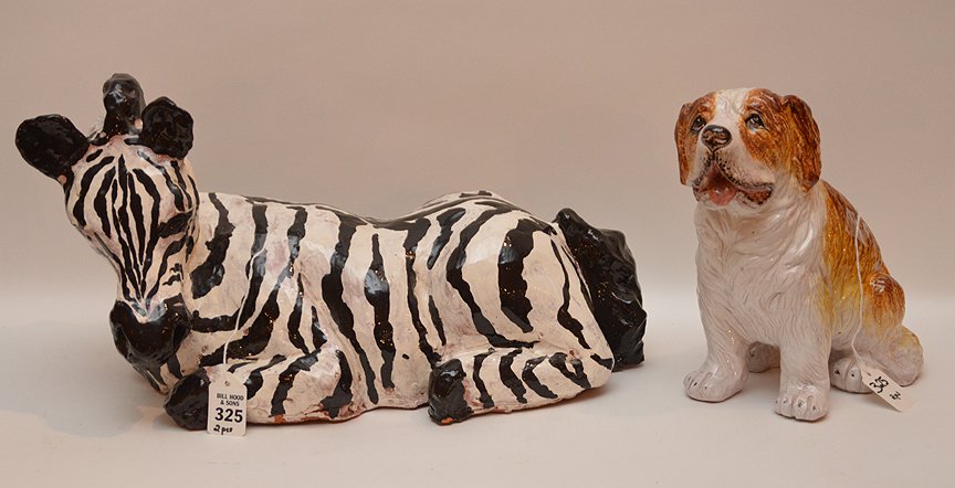 Italian Painted Terra Cotta Zebra Ht. 9 1/2" W. 16" D.: Italian Painted Terra Cotta Zebra Ht. 9 1/2" W. 16" D. 8". Together with Italian Painted Terra Cotta Dog. Ht. 9 1/2"