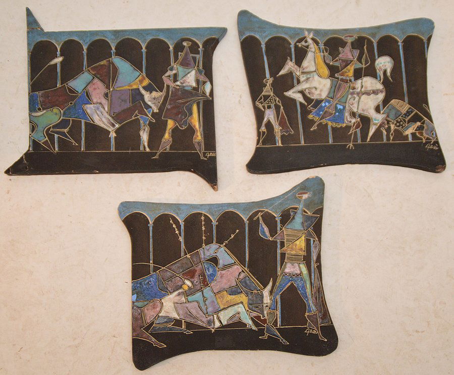 3 Italian enamel painted tiles, one has glued corneres (1 of 10)