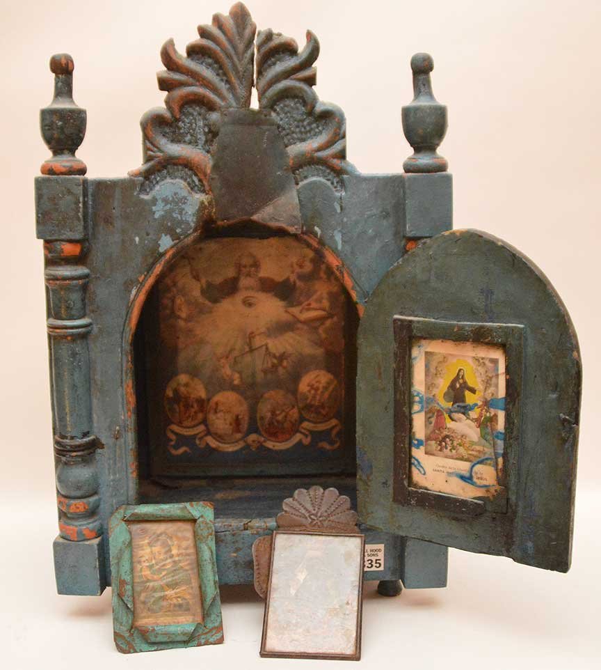 Carved vintage altar with single door revealing (1 of 10)