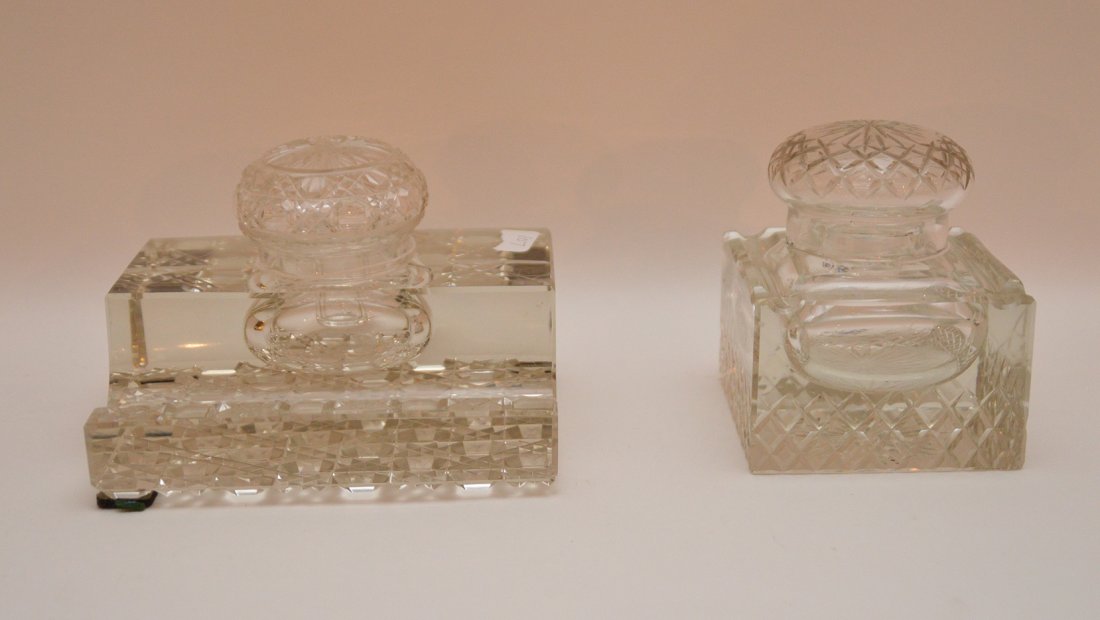 2 heavy cut crystal ink stands, 4 5/8"h x 6 3/4"w and 4: 2 heavy cut crystal ink stands, 4 5/8"h x 6 3/4"w and 4 1/2"h x 3 3/4"w