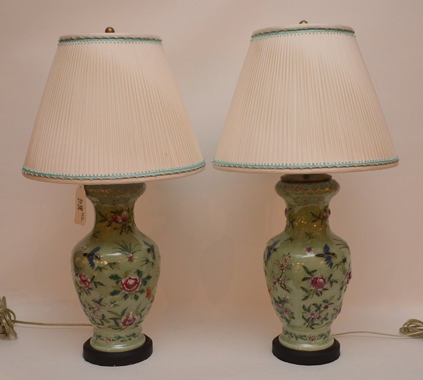 Pair of Chinese Celadon lamps raised, bird and flower (1 of 4)