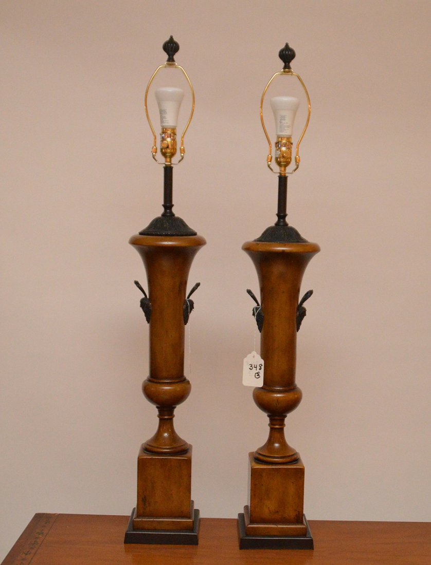 Pair of classical form wood lamps with metal fittings, (1 of 3)