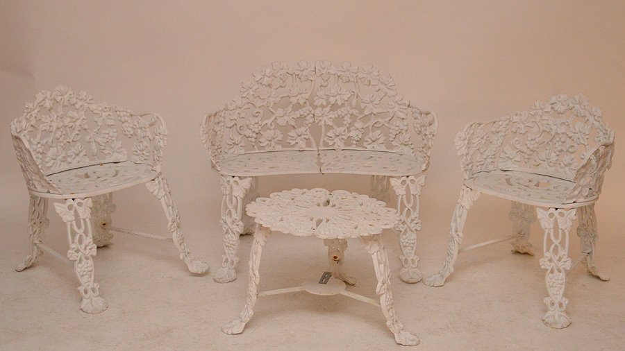4pc. White grape motif garden set, settee, 2 chairs and (1 of 3)
