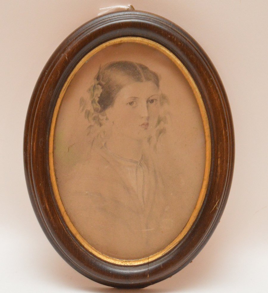 Thomas Sully (American 1783-1872) portrait of a young: Thomas Sully (American 1783-1872) portrait of a young lady, pencil and watercolor on paper, initialed "TS", image size 6 ¾ x 4 ¾in.