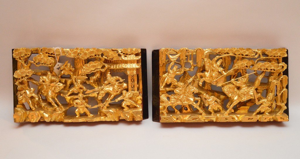Pair gold leaf oriental carvings, 12 7/8" x 7" (1 of 5)