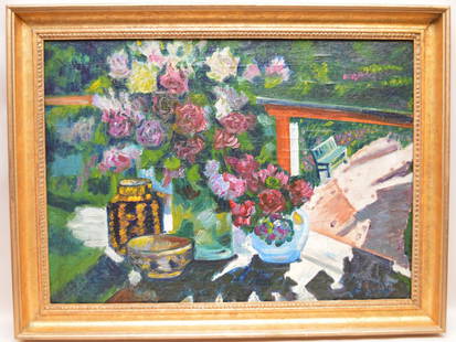 Russian Painting attributed to Konstantin Korovin: Russian Painting attributed to Konstantin Alexeievitch Korovin (RUSSIAN, 1861-1939) oil on canvas, Still life with flowers, canvas relined, 27-1/2\" x 19-3/4\"