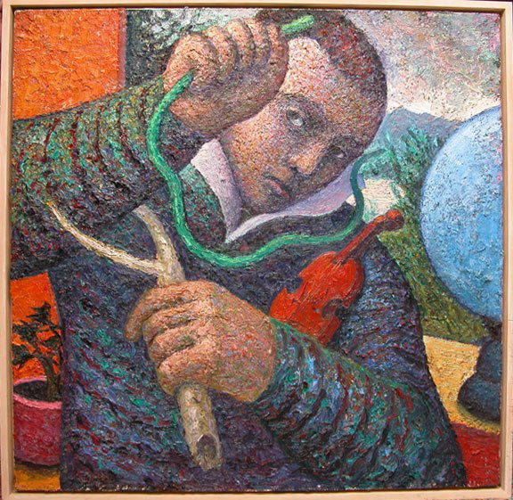 Robert Jessup, 20th century USA, signed on verso: Robert Jessup, 20th century USA, signed on verso and dated 1986, oil on canvas, very thick impasto, portrait of a man holding violin, snake and stick, 40" x 40"