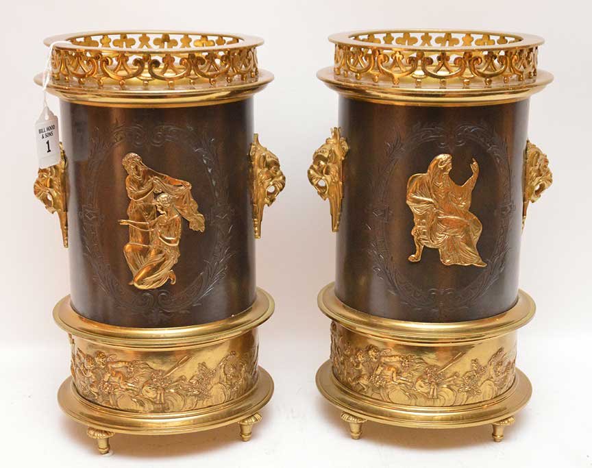 Pair Gilt & Patinated Bronze Wine Coolers with: Pair Gilt & Patinated Bronze Wine Coolers with reticulated rims. Ht. 12 1/2"" Dia. 7 1/2""