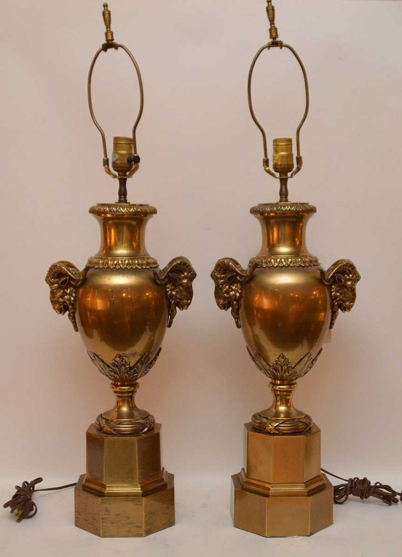 Pair Bronze Urn Form Lamps with figural rams heads. (1 of 4)