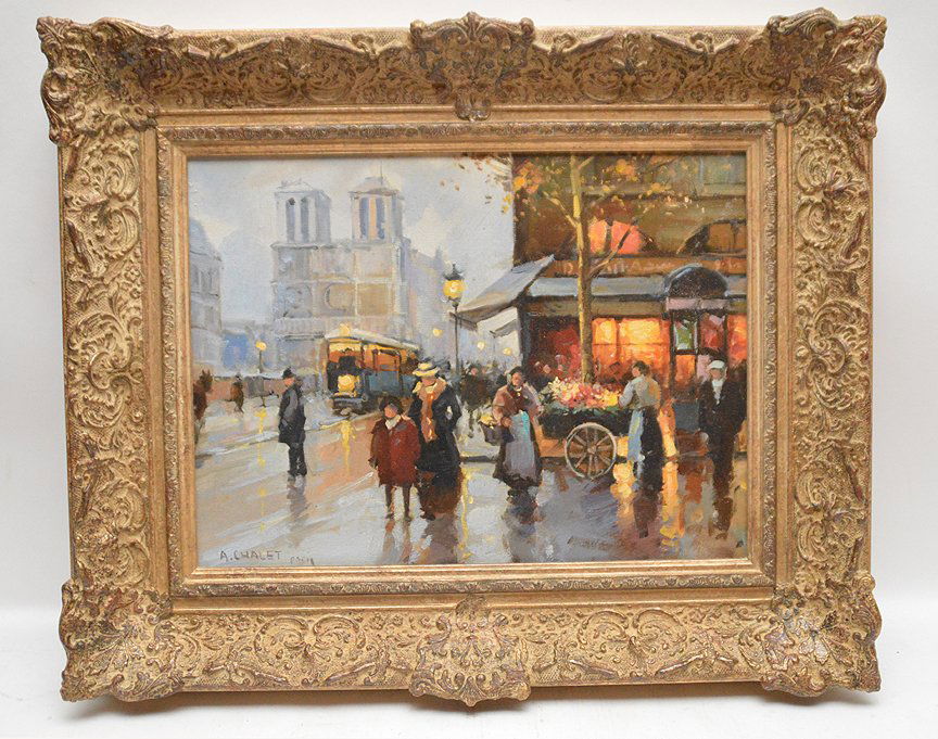 Andre Chalet (French, b. 1954) Paris street scene, oil: Andre Chalet (French, b. 1954) Paris street scene, oil on board, signed A. Chalet (lower right) 12"" x 16""