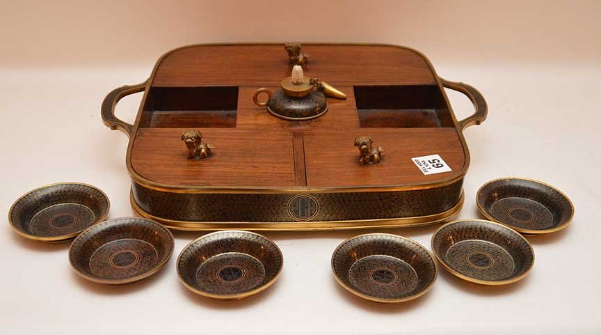 Unusual Japanese wood and cloisonnÃ© desk set with 3 (1 of 7)