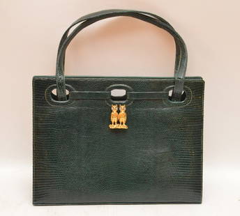 Martin Van Schaak, vintage handbag, (10"" x 7.5""),: Martin Van Schaak, vintage handbag, (10"" x 7.5""), 1950-1960's, green lizard, gold owls brooch, jewel eyes, double handles (6.5"" drop), snap closure, 2 open compartments, zip close compartment