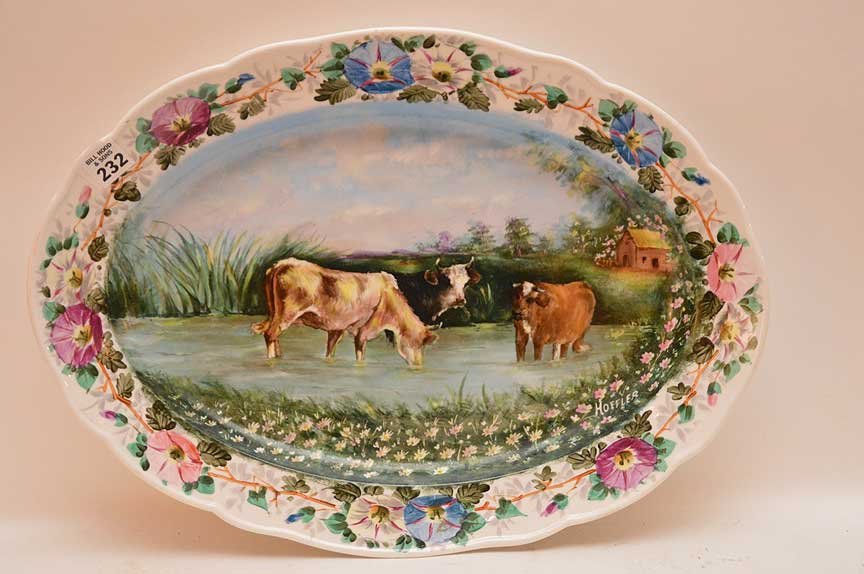 Porcelain oval platter, Meissen Mark, hand painted cows (1 of 5)