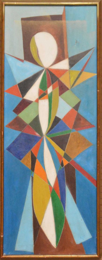 Abstract Cubist style painting of a figure, oil on: Abstract Cubist style painting of a figure, oil on canvas, 40"" x 14"" signed EWK '59, (has a small tear)