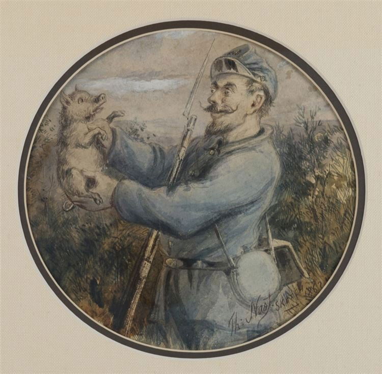 Thomas Nast (American 1840 - 1902) Watercolor on: Thomas Nast (American 1840 - 1902) Watercolor on Paper, Soldier in blue uniform, Signed & Dated Lower Right 1862, Size: 9.53"" x 9.53"" (24.20cm x 24.20cm)