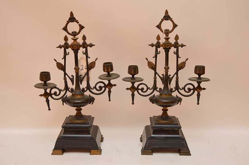 Pair Gothic Revival bronze and slate footed candelabra,: Pair Gothic Revival bronze and slate footed candelabra, 15""h x 9""w (one has split)