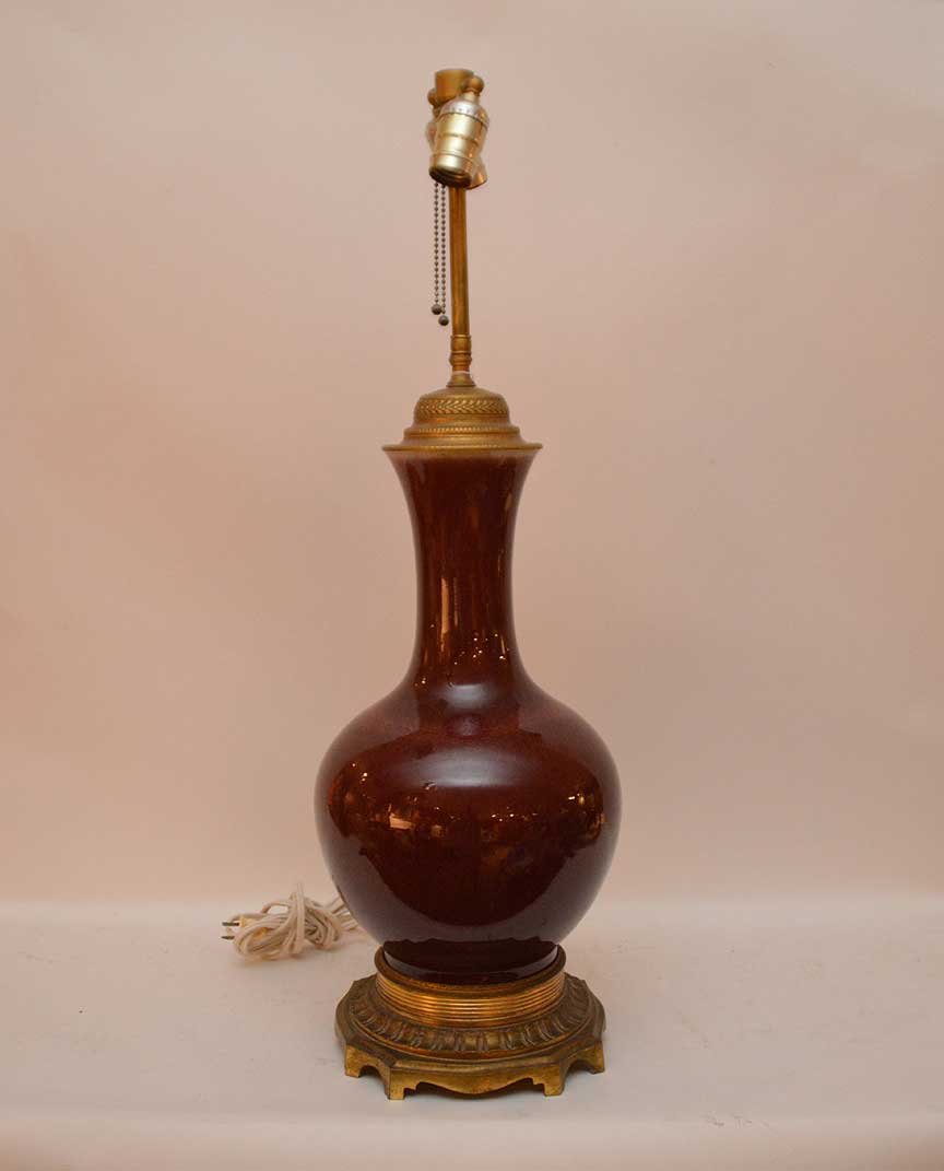 Chinese Oxblood footed lamp with jade finial, 32""h: Chinese Oxblood footed lamp with jade finial, 32""h