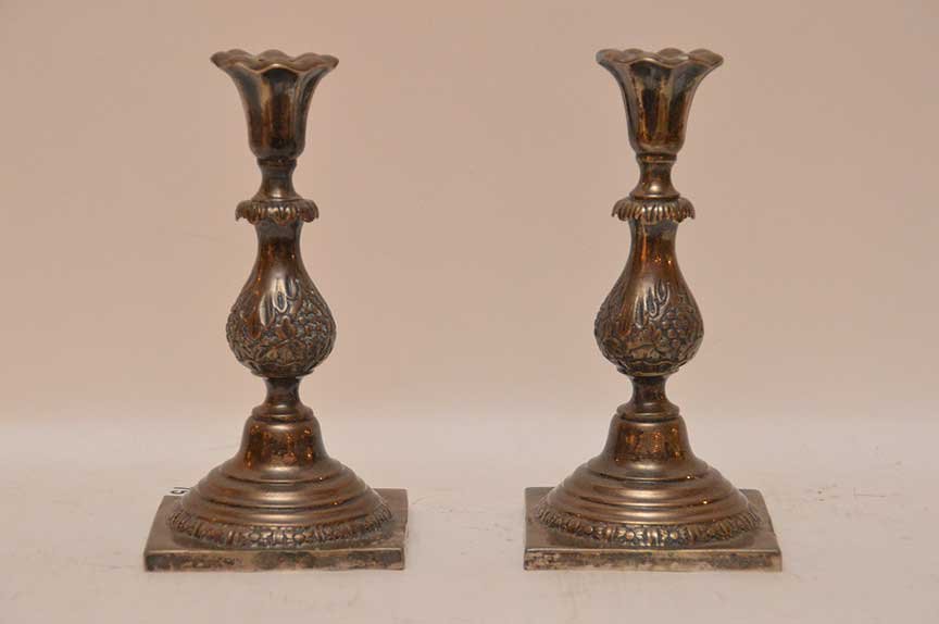 Pair Russian silver candle holders, 7 3/4""h (1 of 4)
