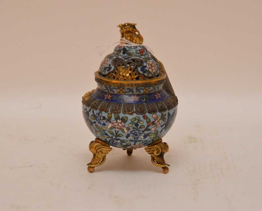French footed ChamplevÃ© incense burner, 4 3/4""h x (1 of 5)