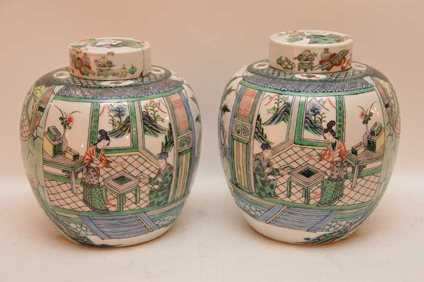 Pair Chinese Vases, 10"h x 9 1/2"w (1 of 9)