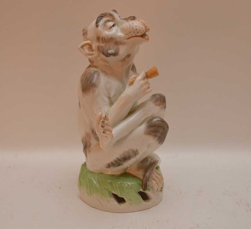 Dresden porcelain seated monkey (pipe handle as is): Dresden porcelain seated monkey (pipe handle as is)