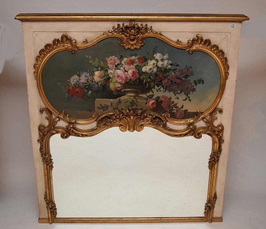 Painted Trumeau, floral on panel in rococo frame with: Painted Trumeau, floral on panel in rococo frame with mirror below
