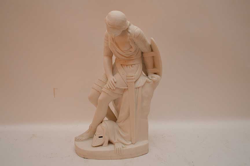 Parian Statue of lady with shield and mask, 13""h: Parian Statue of lady with shield and mask, 13""h